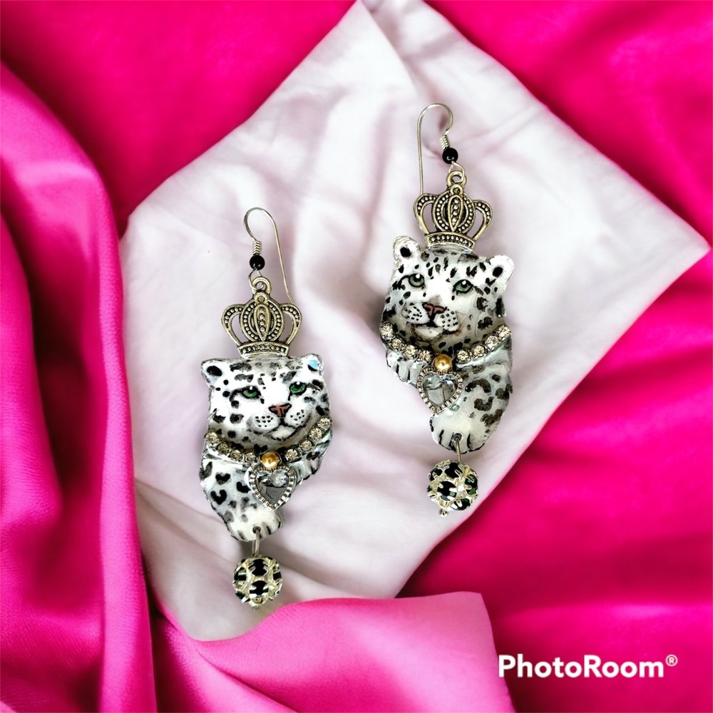 Handpainted “royal” snow leopard earrings big cat wildlife jewelry OOAK fancy